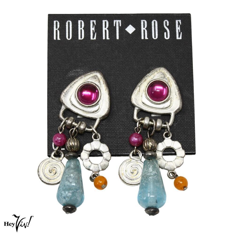 Vintage Robert Rose Clip-On Earrings 2.5" Dangle Charms Statement - Hey Viv